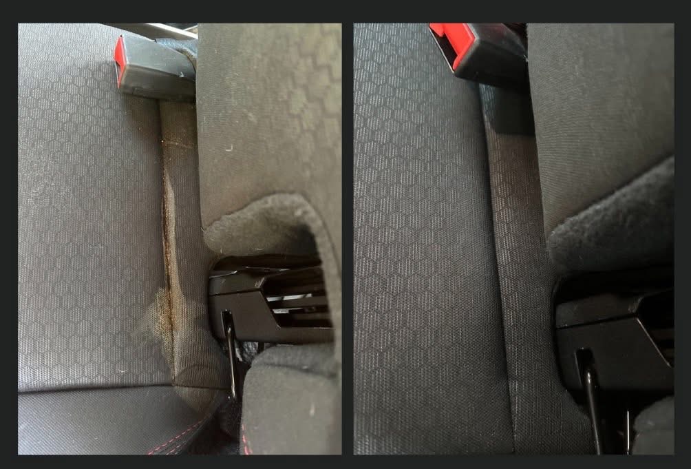 Seat crevice stain removal — before and after